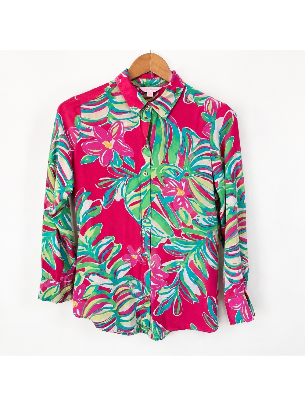 Lilly Pulitzer Silk Button-Up Shirt with Tropical Floral Print - XS